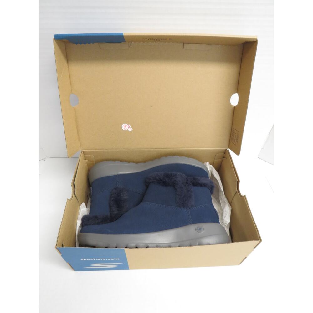 Sketchers On-The-Go Joy Navy Grey Cozy Vibe Boots Booties Faux Fur Lining Blue